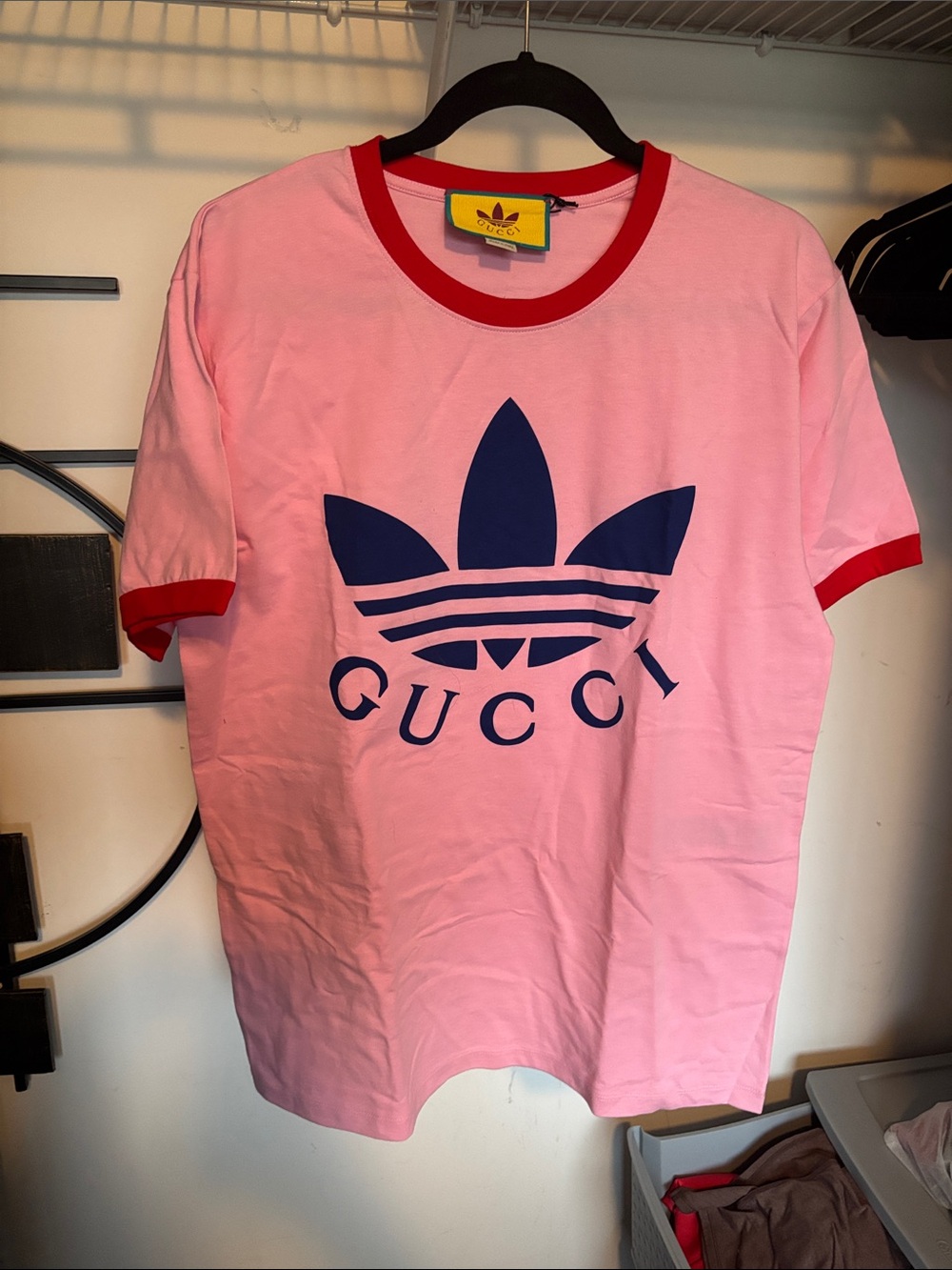 Gucci Pink Tee with Red Trim and Navy Logo and Gucci Mushroom Shirts